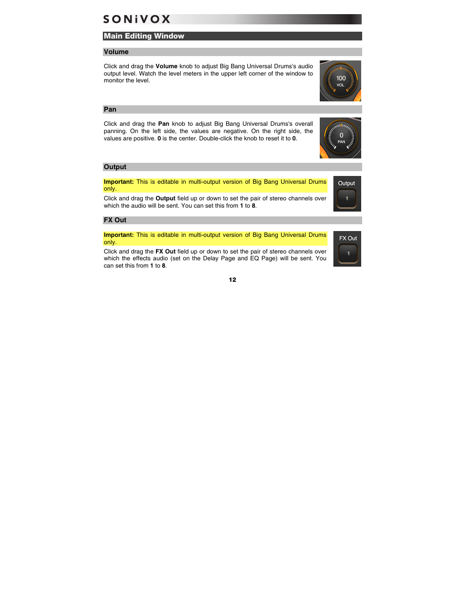 Main editing window, Volume, Output | Fx out | SONiVOX Big Bang Universal Drums User Manual | Page 12 / 28