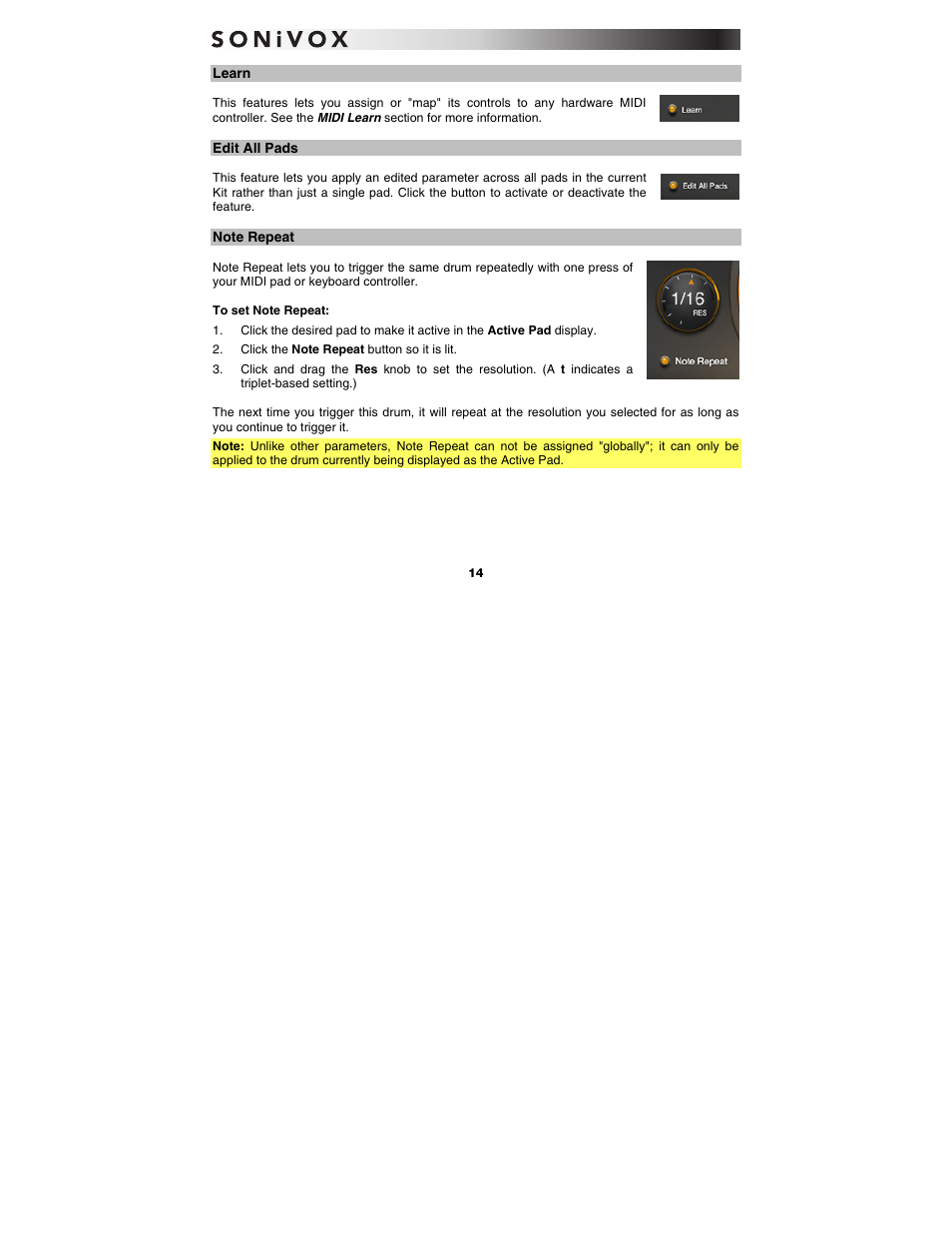 Learn, Edit all pads, Note repeat | SONiVOX Big Bang Universal Drums User Manual | Page 14 / 28