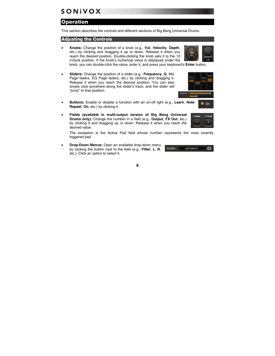 Operation, Adjusting the controls | SONiVOX Big Bang Universal Drums User Manual | Page 8 / 28