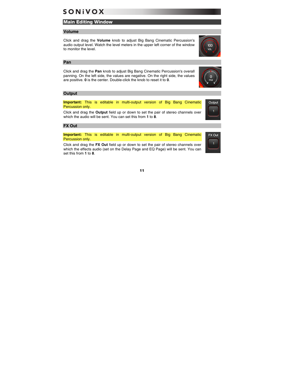 Main editing window, Volume, Output | Fx out | SONiVOX Big Bang Cinematic Percussion User Manual | Page 11 / 26