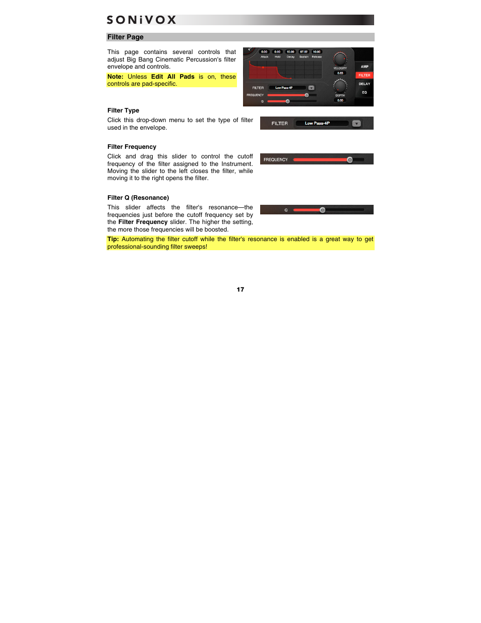 Filter type, Filter frequency, Filter q (resonance) | SONiVOX Big Bang Cinematic Percussion User Manual | Page 17 / 26