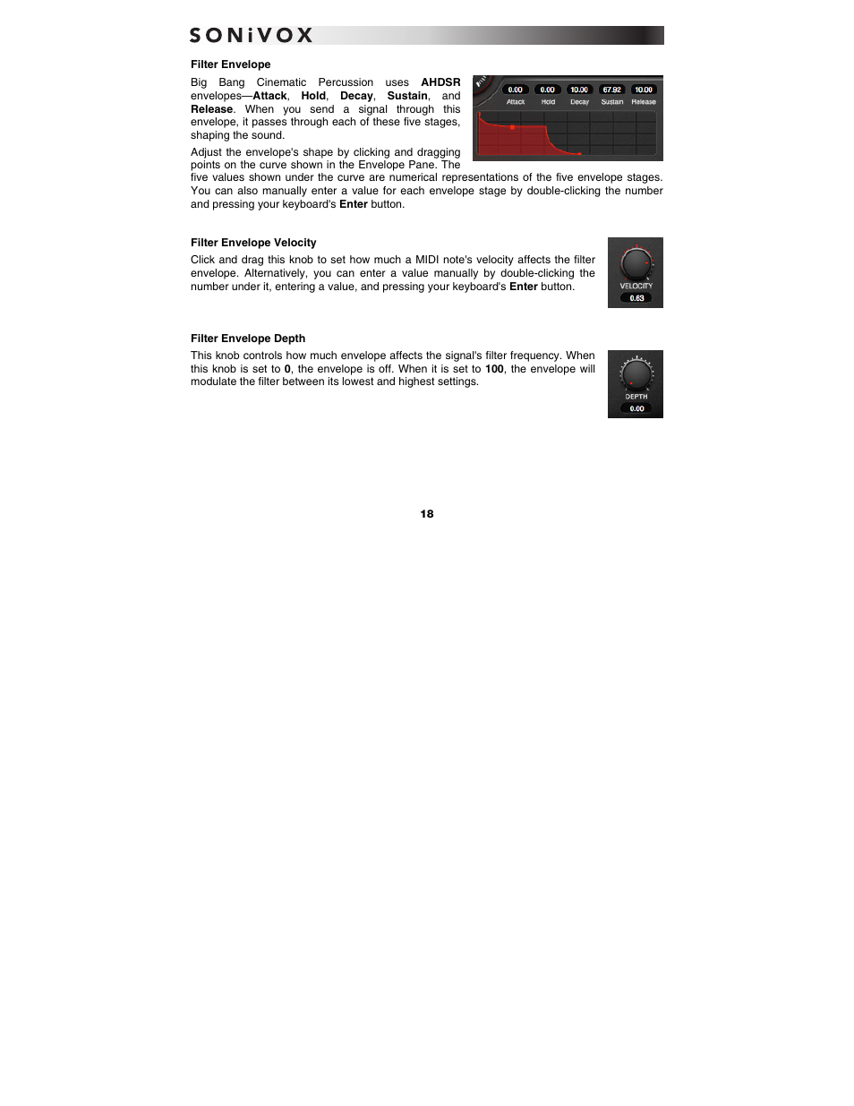 Filter envelope, Filter envelope velocity, Filter envelope depth | SONiVOX Big Bang Cinematic Percussion User Manual | Page 18 / 26