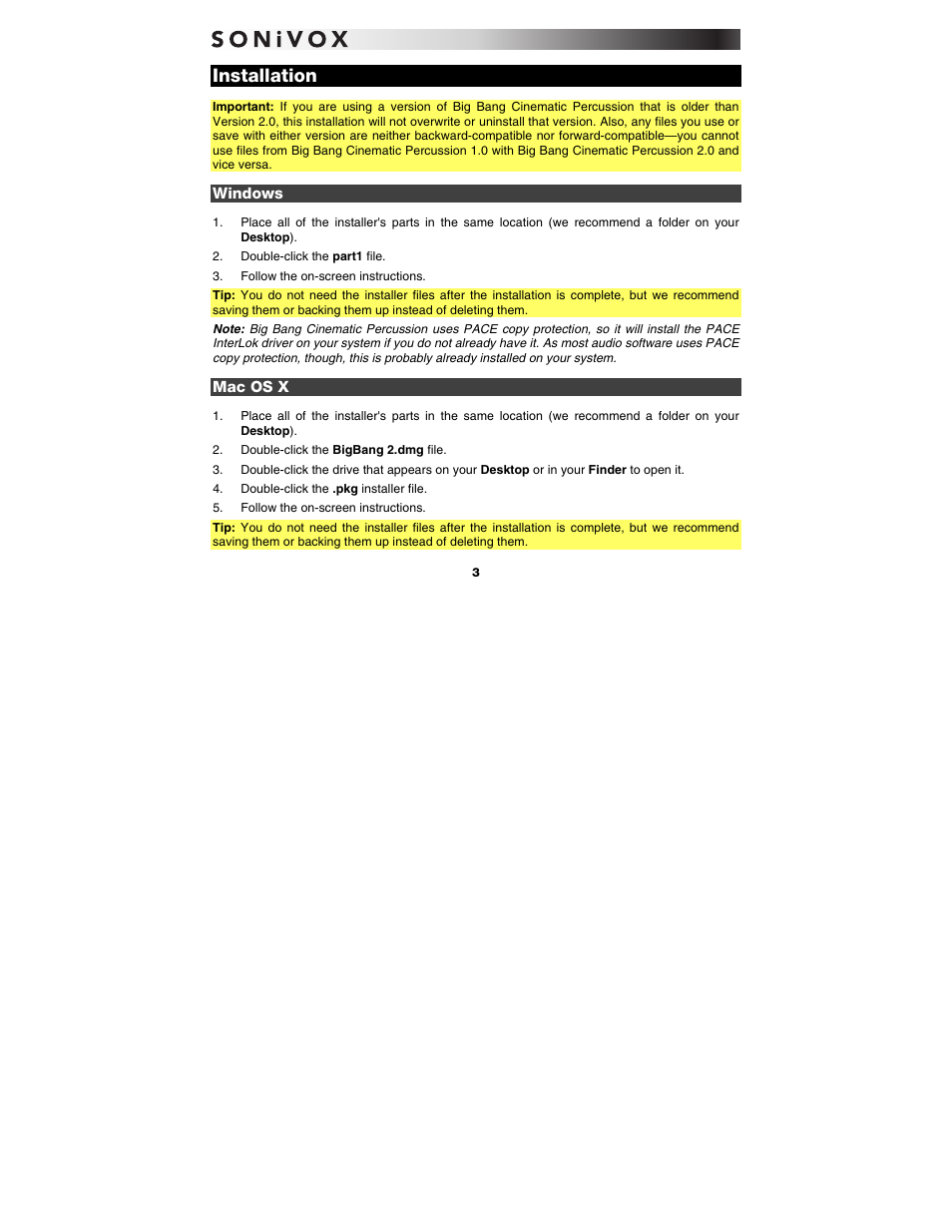 Installation, Windows, Mac os x | SONiVOX Big Bang Cinematic Percussion User Manual | Page 3 / 26