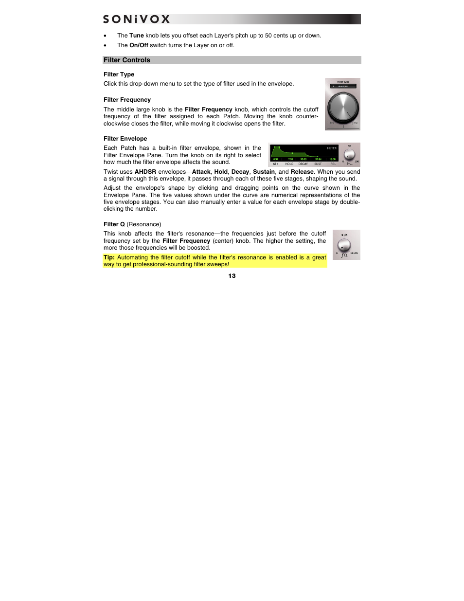 Filter controls, Filter type, Filter frequency | Filter envelope, Filter q (resonance) | SONiVOX Twist User Manual | Page 13 / 31