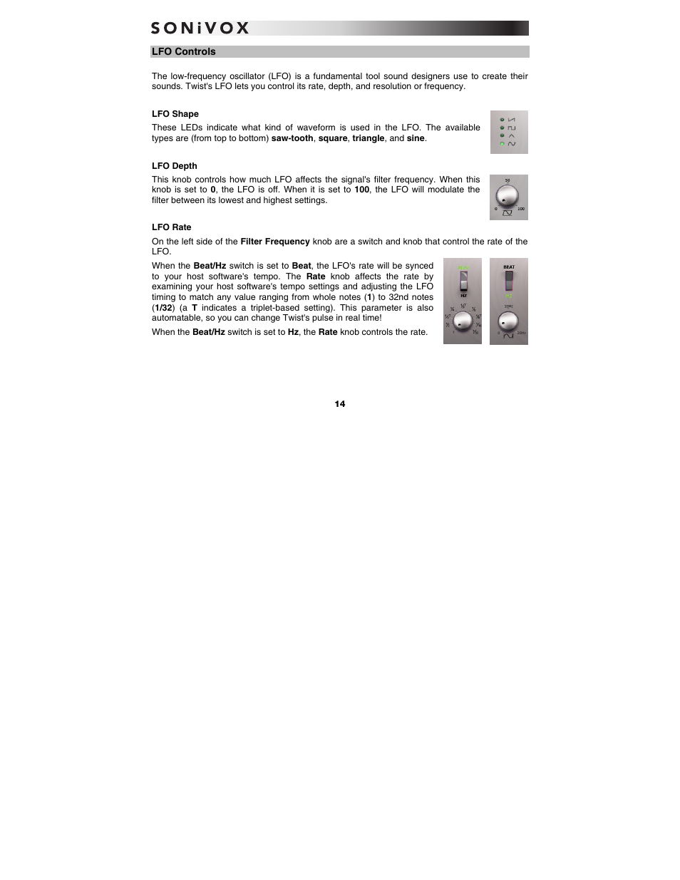 Lfo controls, Lfo shape, Lfo depth | Lfo rate | SONiVOX Twist User Manual | Page 14 / 31