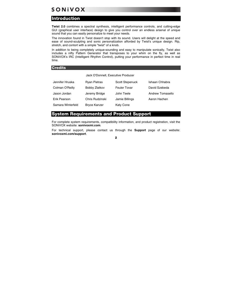 Introduction, Credits, System requirements and product support | SONiVOX Twist User Manual | Page 2 / 31