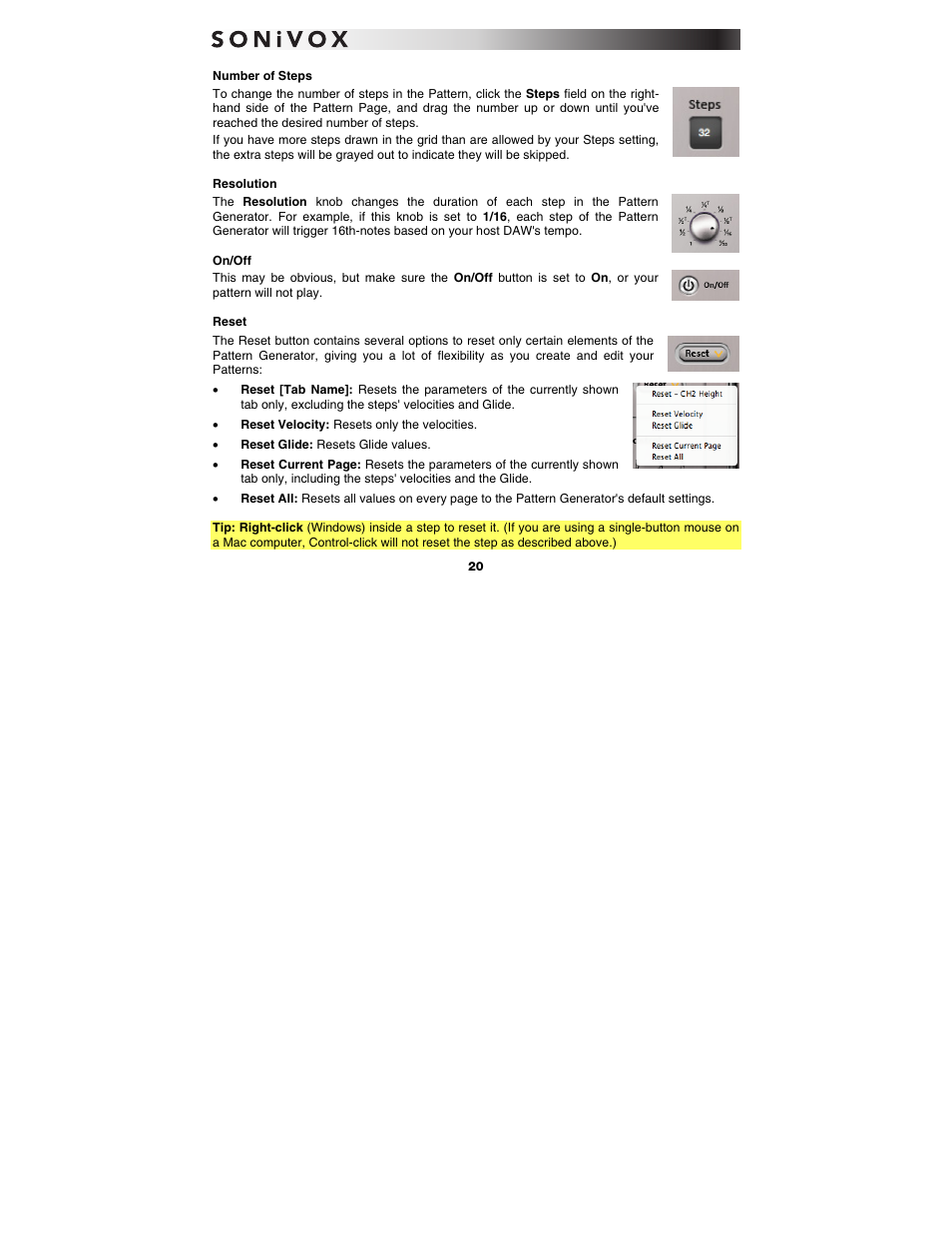 Number of steps, Resolution, On/off | Reset | SONiVOX Twist User Manual | Page 20 / 31