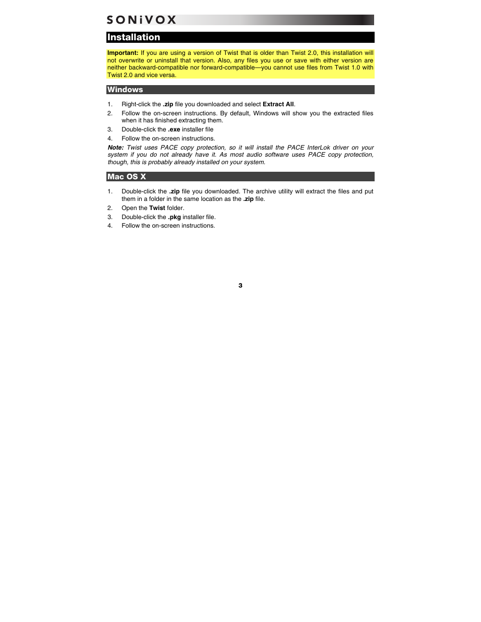 Installation, Windows, Mac os x | SONiVOX Twist User Manual | Page 3 / 31