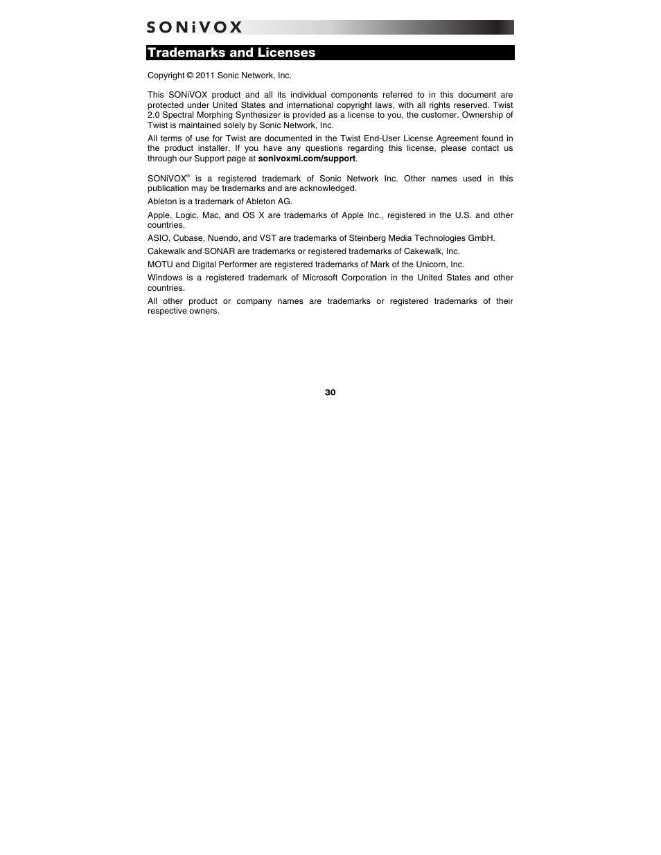Trademarks and licenses | SONiVOX Twist User Manual | Page 30 / 31