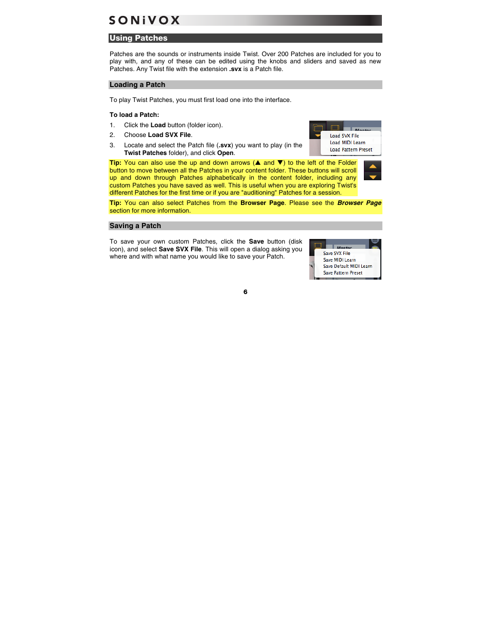 Using patches, Loading a patch, Saving a patch | SONiVOX Twist User Manual | Page 6 / 31