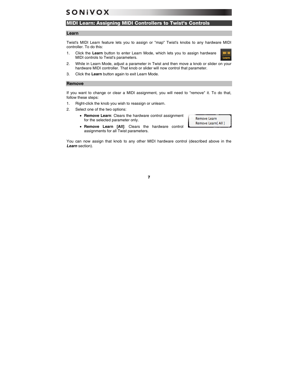 Learn, Remove | SONiVOX Twist User Manual | Page 7 / 31