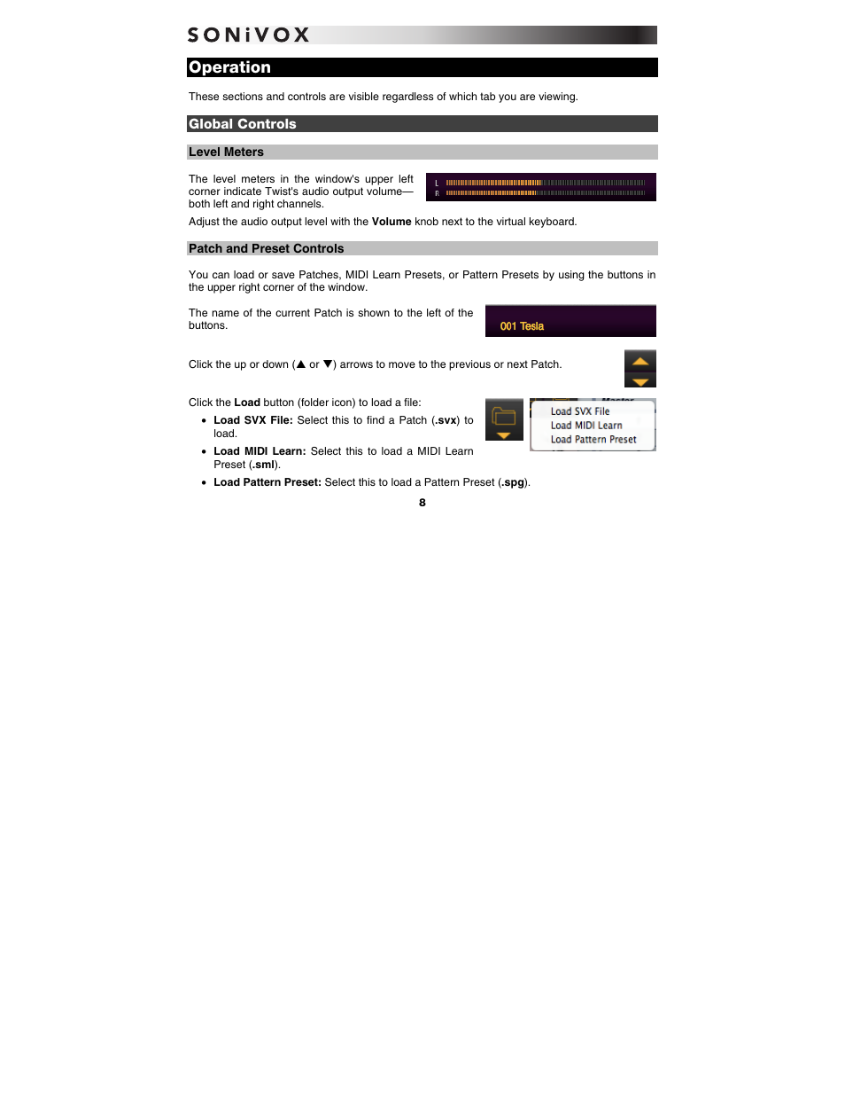 Operation, Global controls, Level meters | Patch and preset controls | SONiVOX Twist User Manual | Page 8 / 31