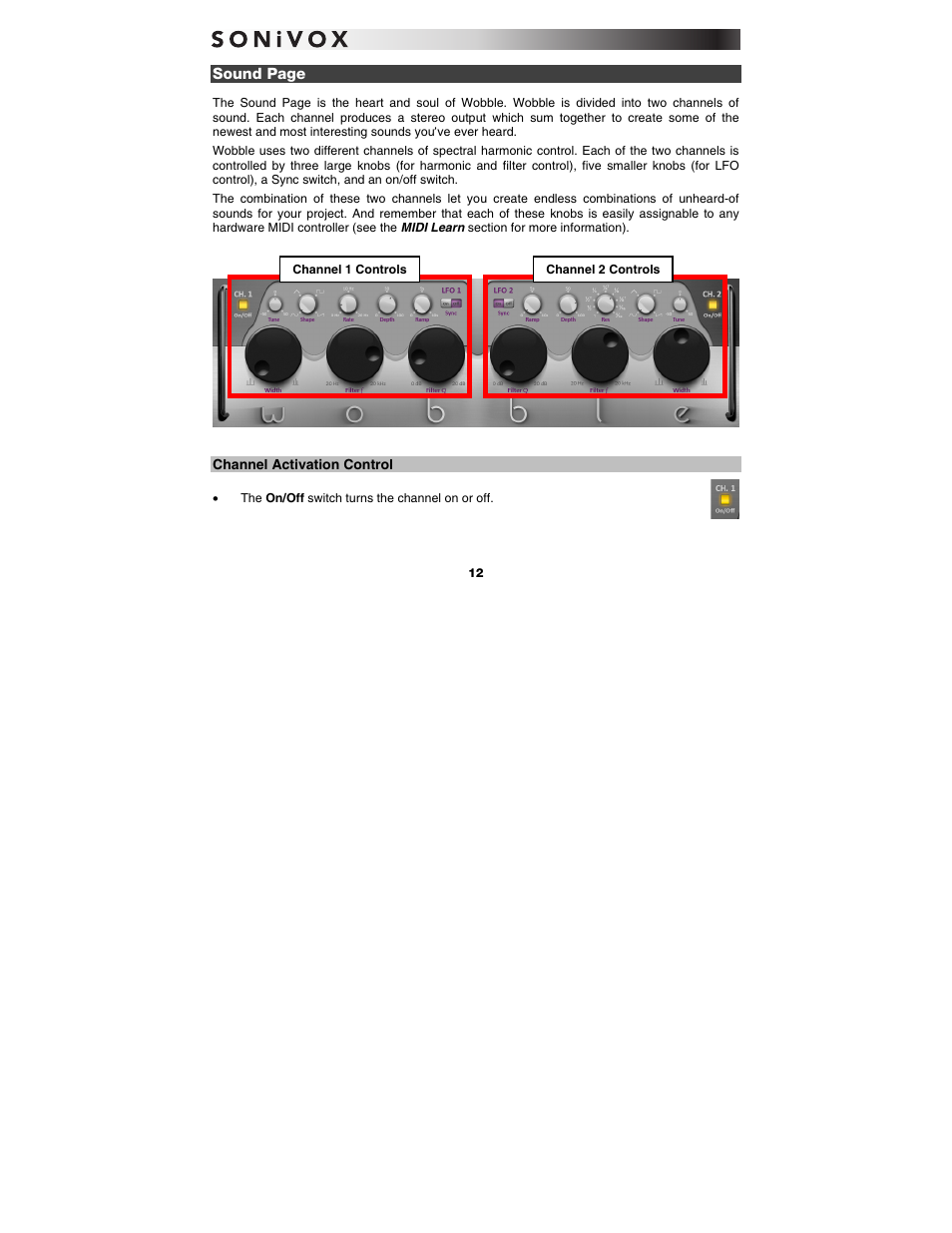 Channel activation control, The sound | SONiVOX Wobble User Manual | Page 12 / 30