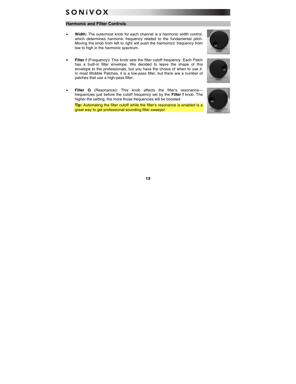 Harmonic and filter controls, Width, Filter f (frequency) | Filter q (resonance) | SONiVOX Wobble User Manual | Page 13 / 30