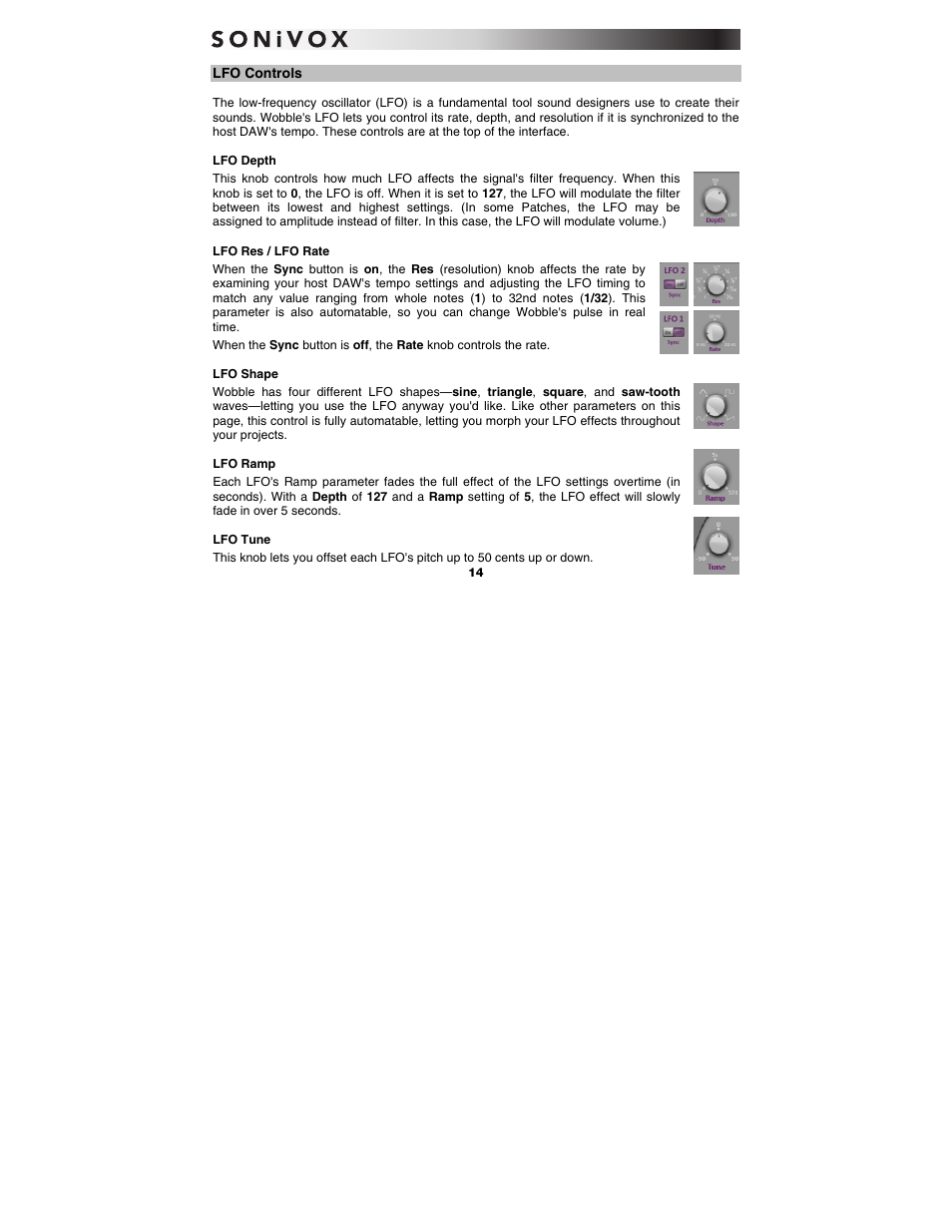 Lfo controls, Lfo depth, Lfo res / lfo rate | Lfo shape, Lfo ramp, Lfo tune | SONiVOX Wobble User Manual | Page 14 / 30