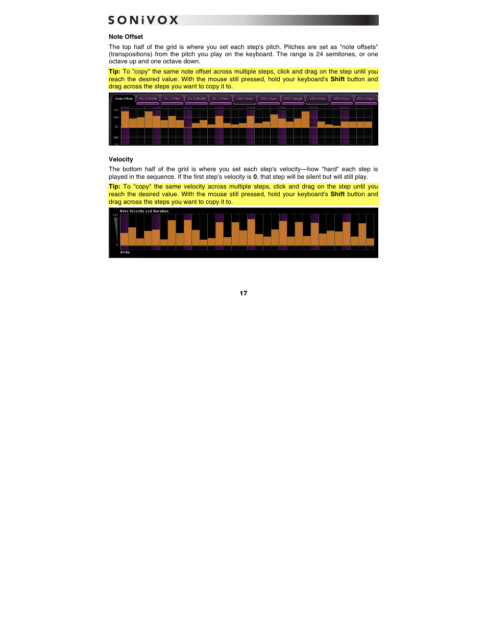 Note offset, Velocity | SONiVOX Wobble User Manual | Page 17 / 30