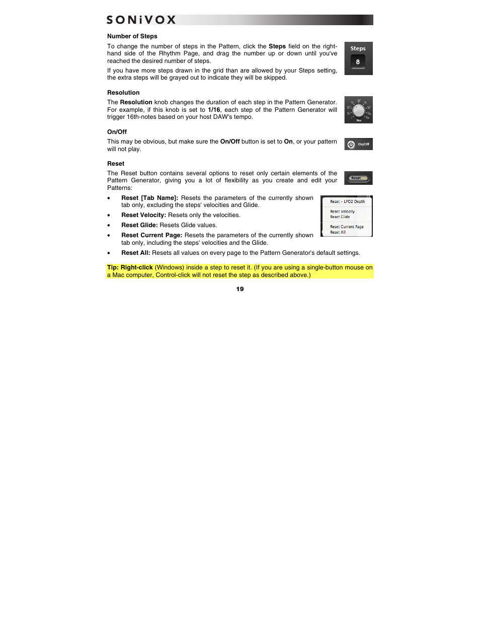 Number of steps, Resolution, On/off | Reset | SONiVOX Wobble User Manual | Page 19 / 30