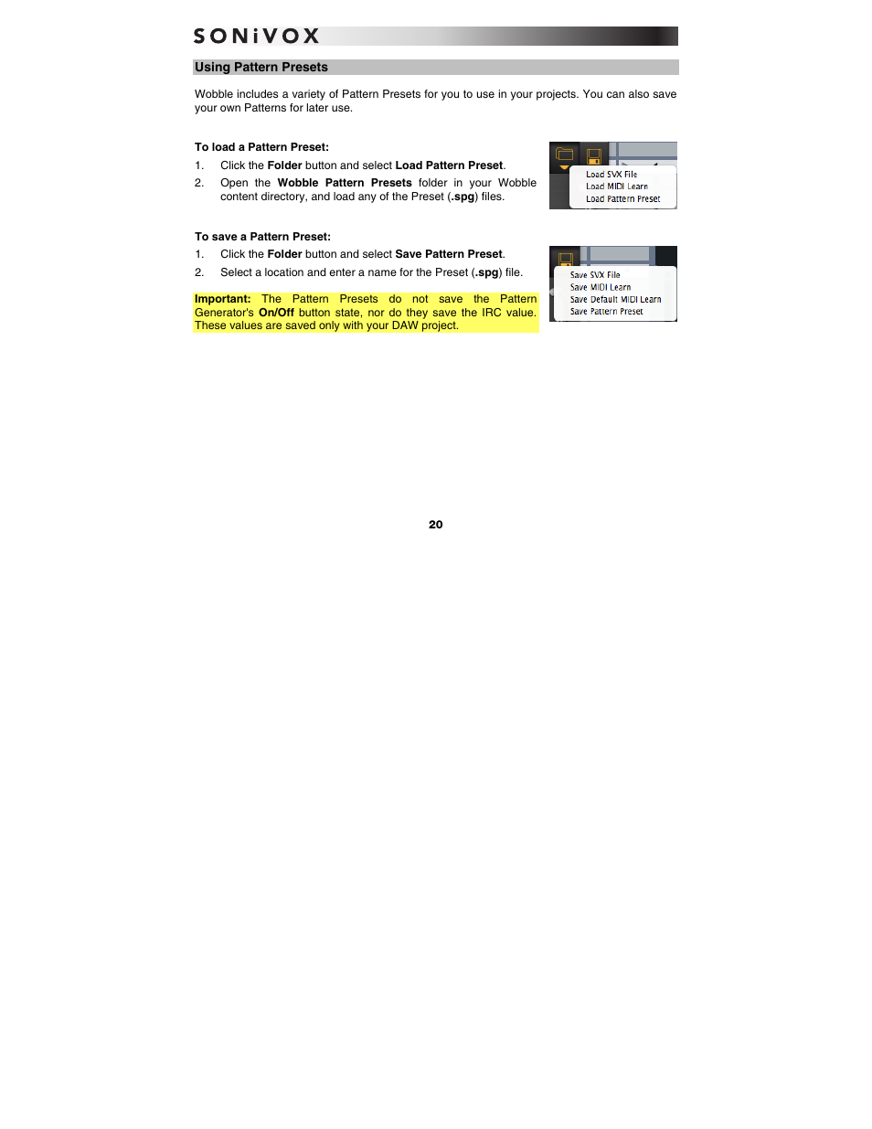 Using pattern presets | SONiVOX Wobble User Manual | Page 20 / 30