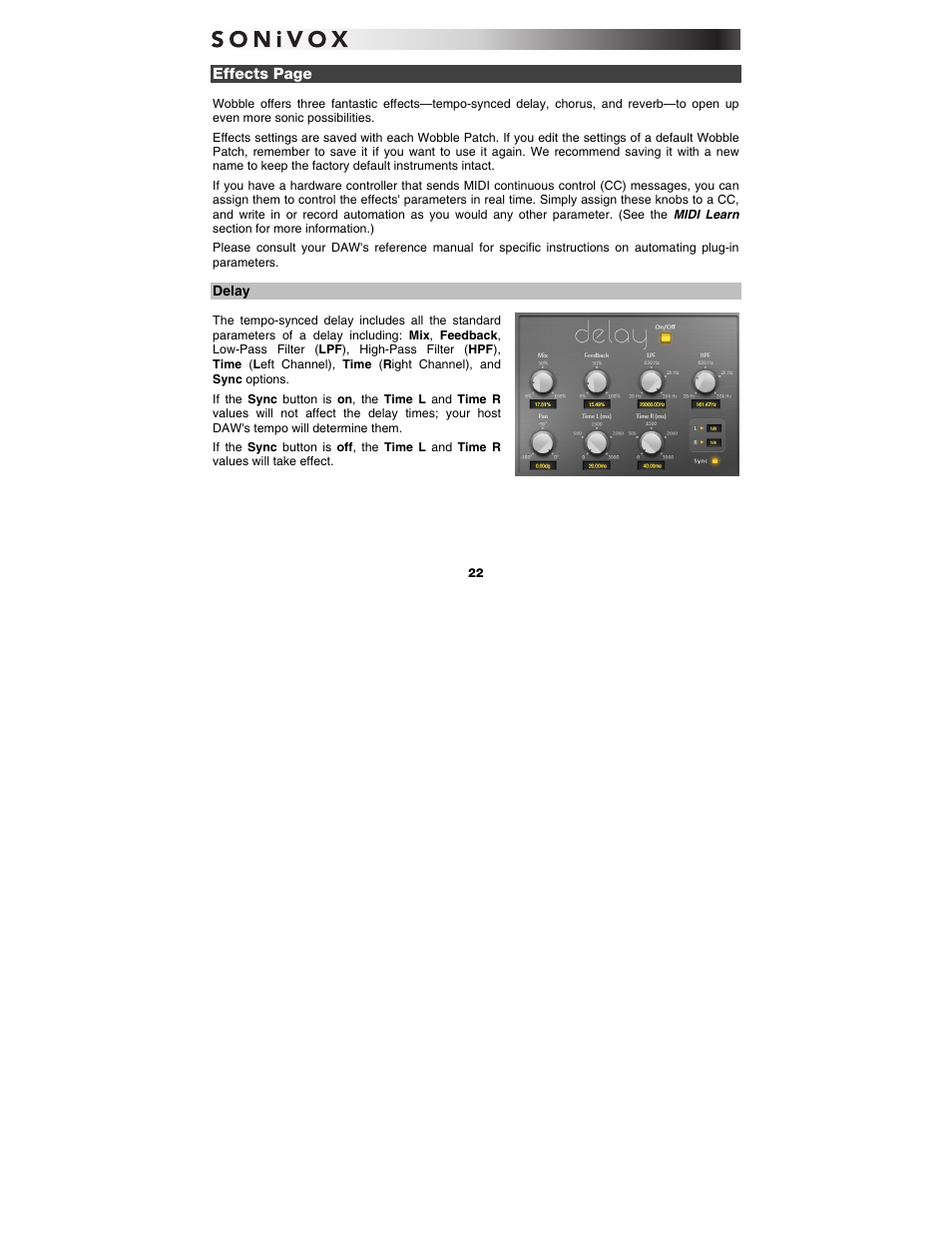 Delay, Effects | SONiVOX Wobble User Manual | Page 22 / 30