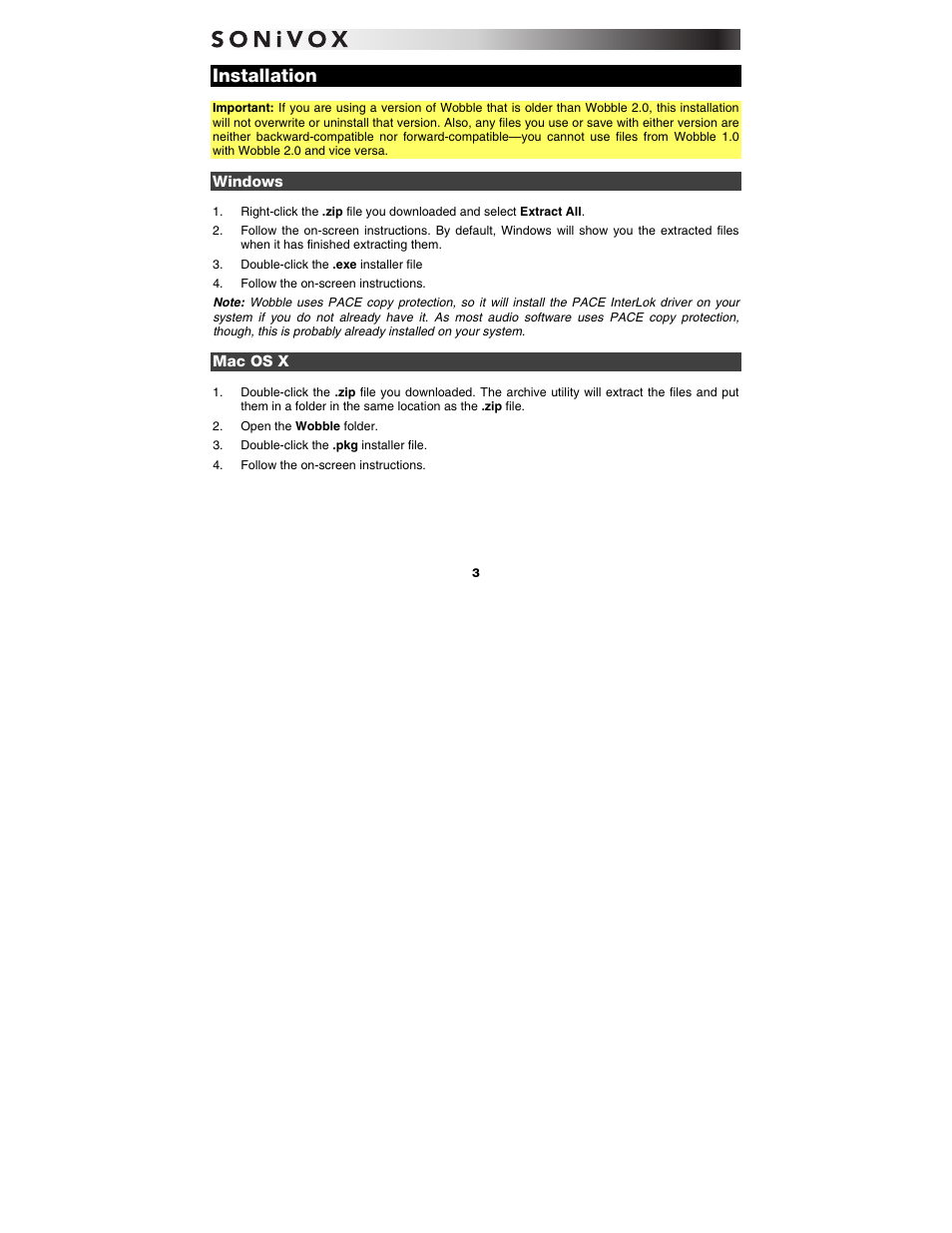 Installation, Windows, Mac os x | SONiVOX Wobble User Manual | Page 3 / 30