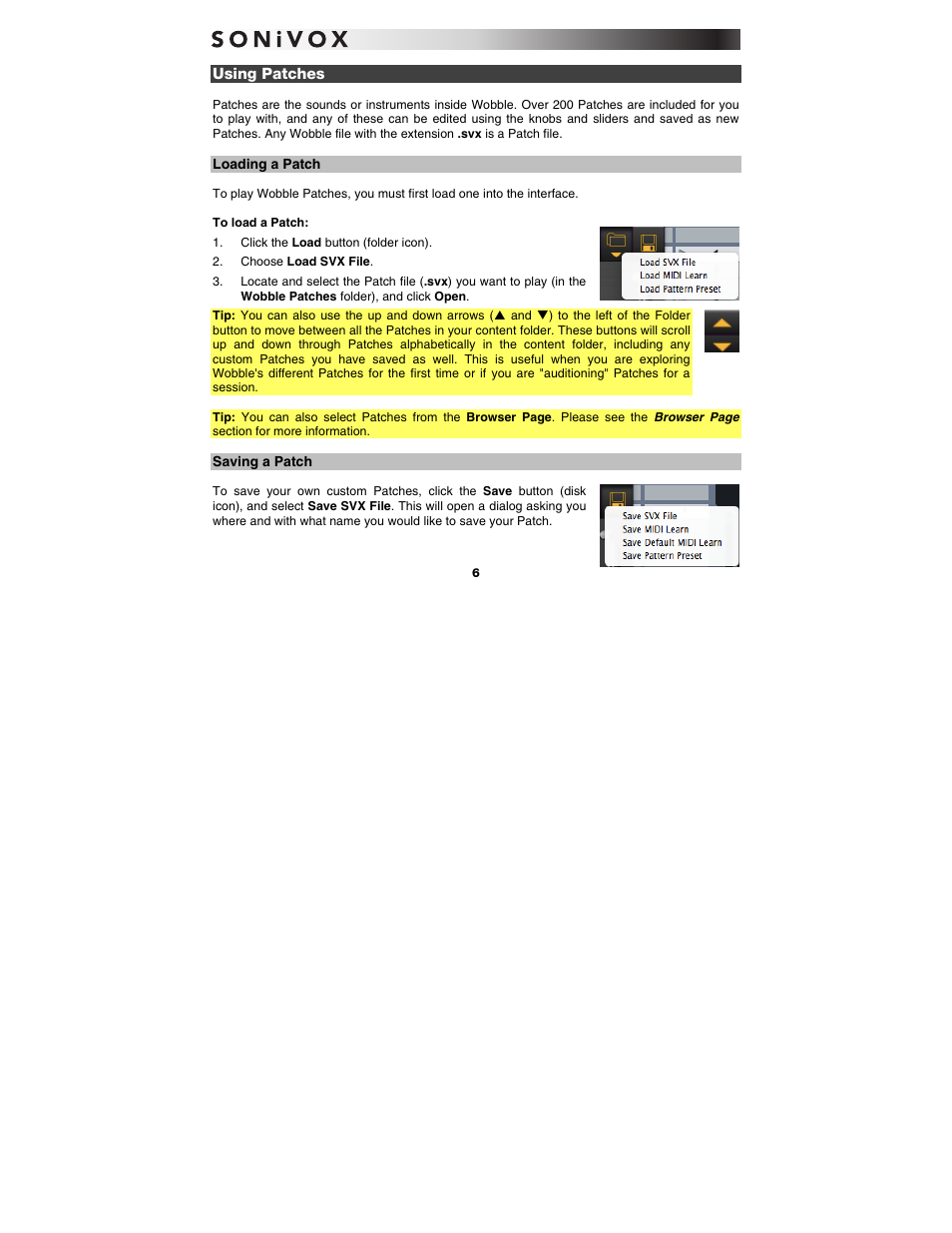 Using patches, Loading a patch, Saving a patch | SONiVOX Wobble User Manual | Page 6 / 30