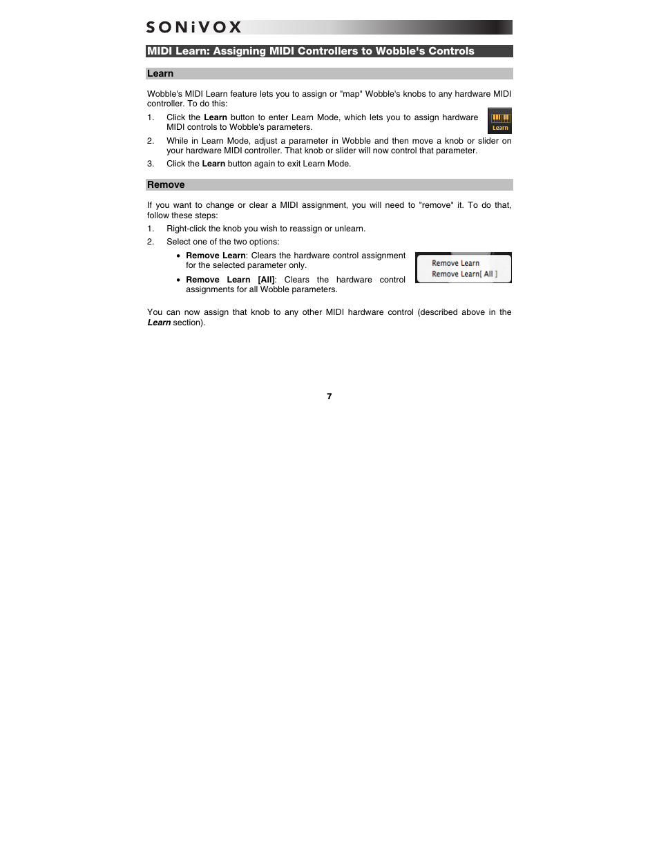 Learn, Remove | SONiVOX Wobble User Manual | Page 7 / 30