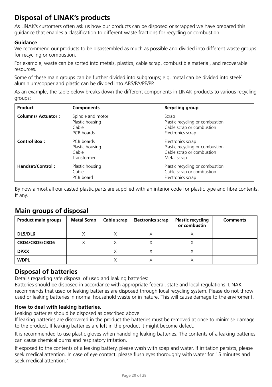 Disposal of linak’s products, Main groups of disposal, Disposal of batteries | Sound Anchors DL5 system User Manual | Page 20 / 28