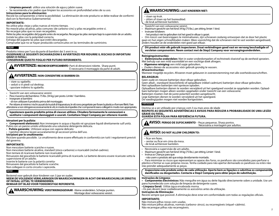 Waarschuwing, Avvertenze, Aviso | Step2 Art Master Activity Desk User Manual | Page 2 / 5