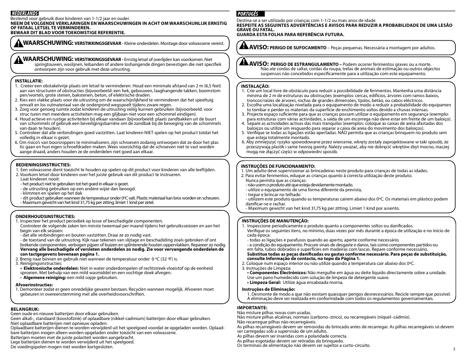 Waarschuwing, Aviso | Step2 Outdoor Adventures Combo User Manual | Page 3 / 35