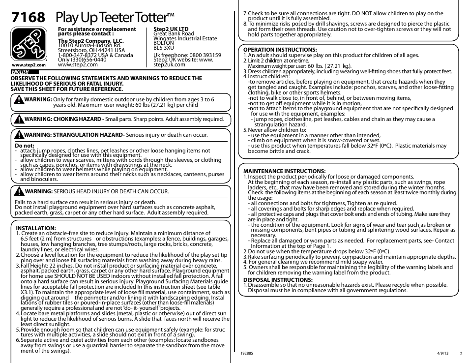 7168 play up teeter totter | Step2 Play Up Teeter Totter User Manual | Page 2 / 14