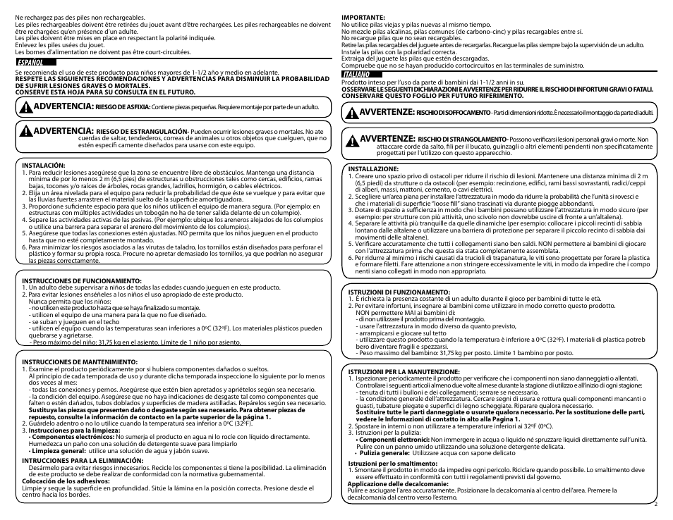 Advertencia, Avvertenze | Step2 Play Up Picnic Cottage User Manual | Page 2 / 8