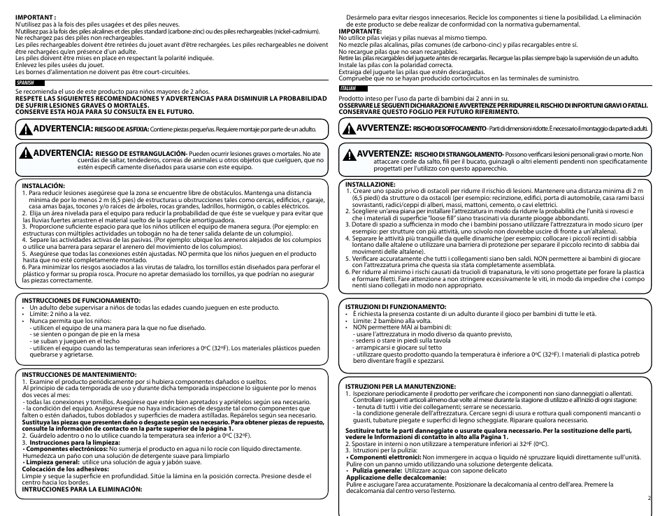 Advertencia, Avvertenze | Step2 Sweetheart Playhouse User Manual | Page 2 / 9