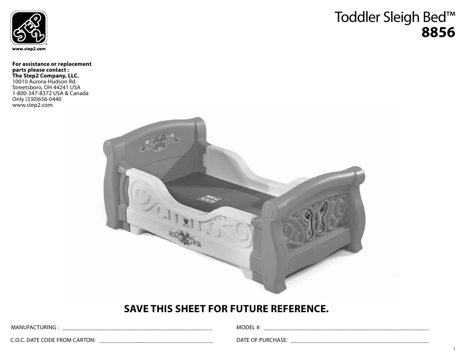 Toddler sleigh bed™ 8856, Save this sheet for future reference | Step2 Pretty Play Girls Playhouse & Toddler Bed Combo User Manual | Page 10 / 15