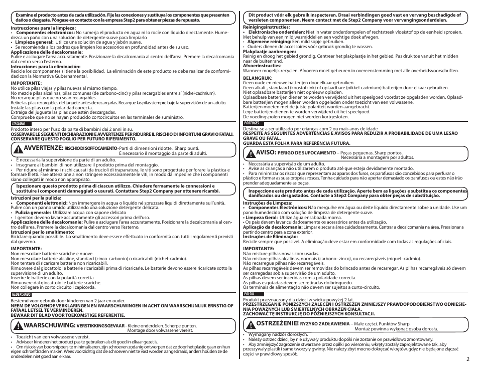 Avvertenze, Waarschuwing, Ostrzeżenie | Aviso | Step2 Cozy Time Kitchen User Manual | Page 2 / 4