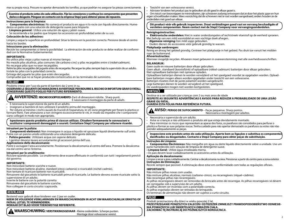 Avvertenze, Waarschuwing, Aviso | Step2 LifeStyle™ Grand Walk-In Kitchen User Manual | Page 2 / 9