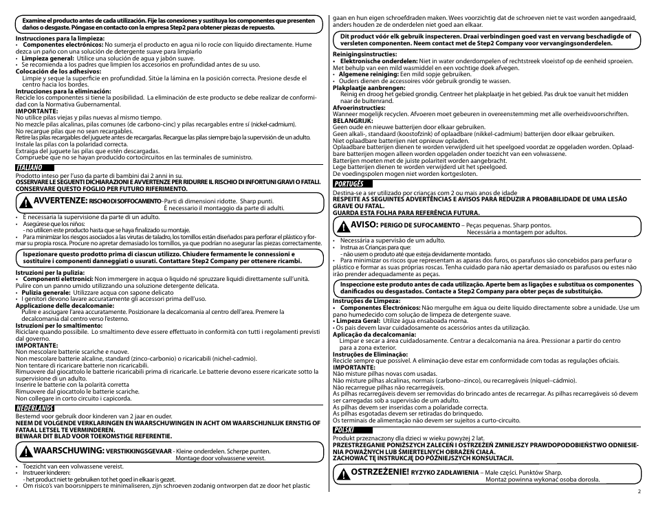 Avvertenze, Waarschuwing, Ostrzeżenie | Aviso | Step2 Friends & Fun Kitchen User Manual | Page 2 / 7