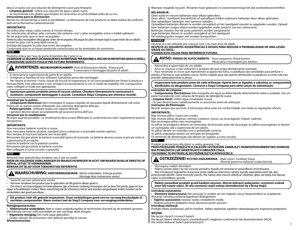 Avvertenze, Waarschuwing, Aviso | Ostrzeżenie | Step2 Grand Walk In Kitchen with Extra Play Food User Manual | Page 2 / 9
