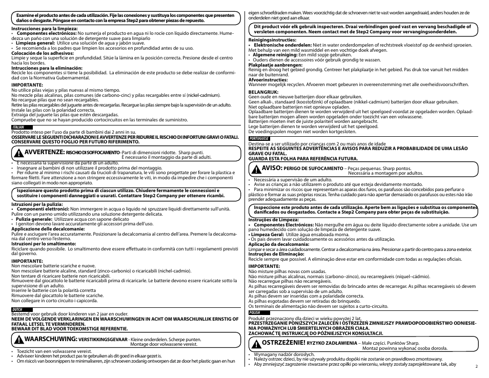 Avvertenze, Waarschuwing, Ostrzeżenie | Aviso | Step2 Deluxe Kitchen Play Set User Manual | Page 2 / 12