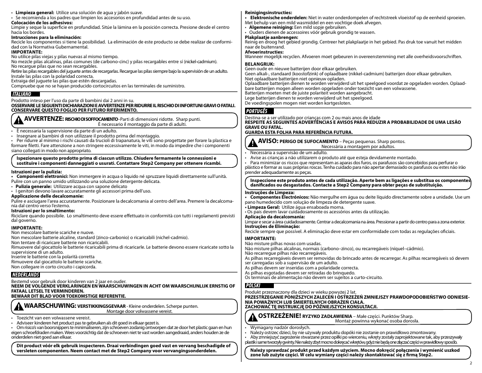 Avvertenze, Waarschuwing, Ostrzeżenie | Aviso | Step2 Gourmet Cafe Kitchen User Manual | Page 2 / 8