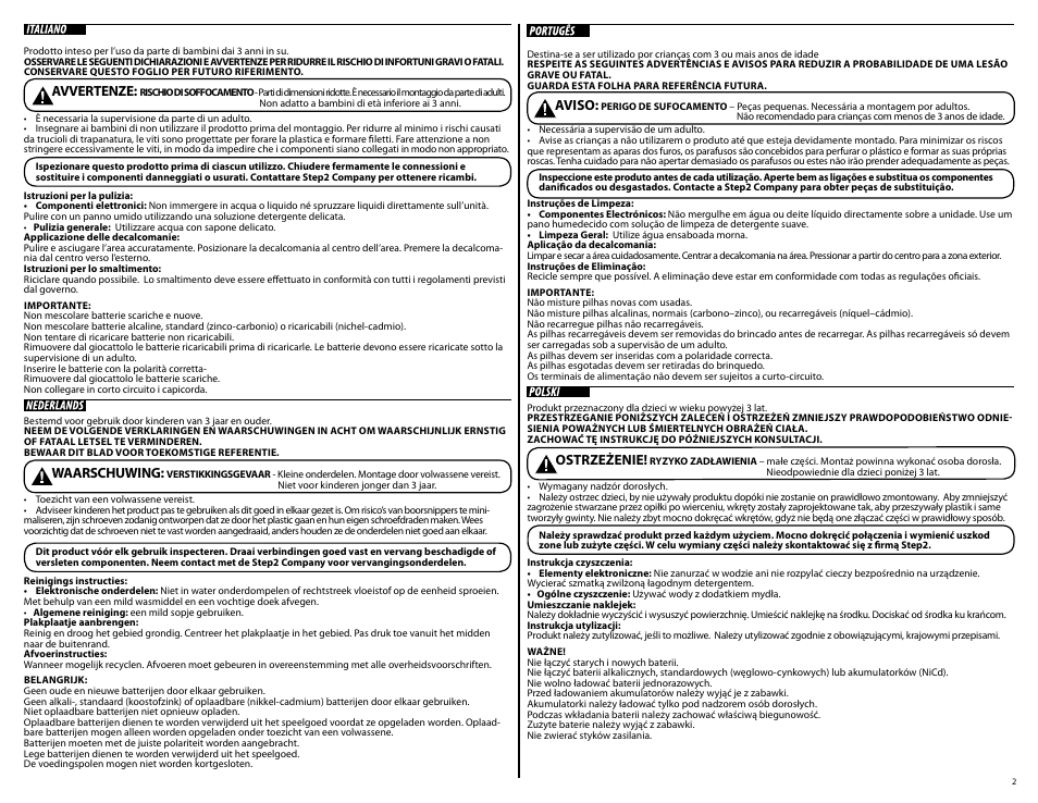 Waarschuwing, Aviso, Ostrzeżenie | Avvertenze | Step2 Deluxe Workshop User Manual | Page 2 / 9