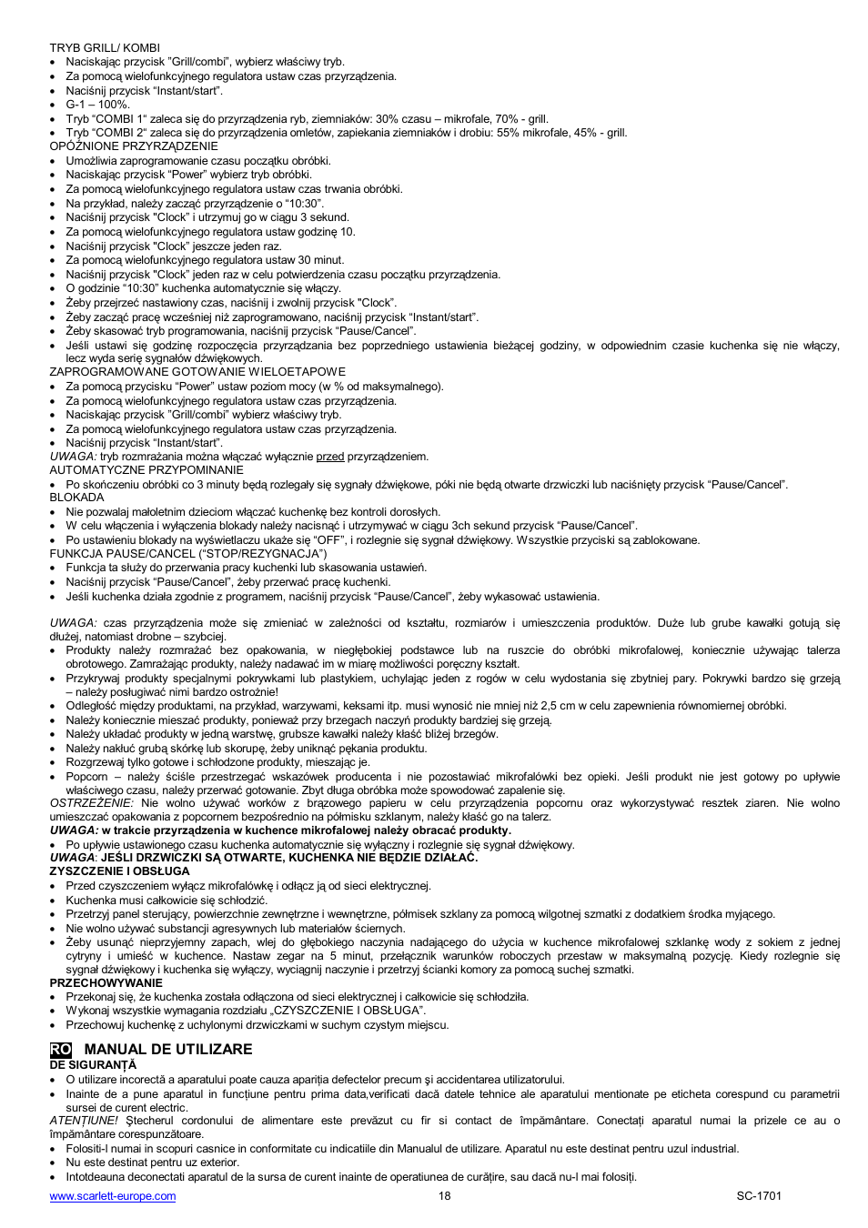 Ro manual de utilizare | Scarlett SC-1701 User Manual | Page 18 / 48
