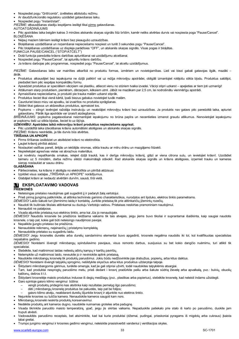 Lt eksploatavimo vadovas | Scarlett SC-1701 User Manual | Page 33 / 48