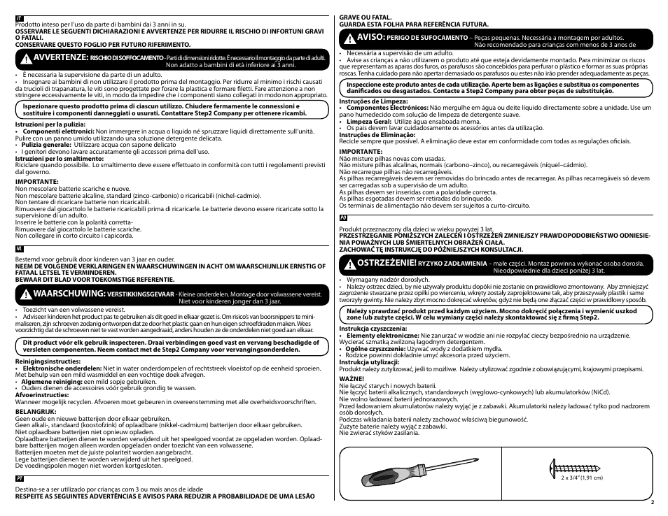 Avvertenze, Aviso, Ostrzeżenie | Waarschuwing | Step2 Tools and Trains Play Set User Manual | Page 2 / 8
