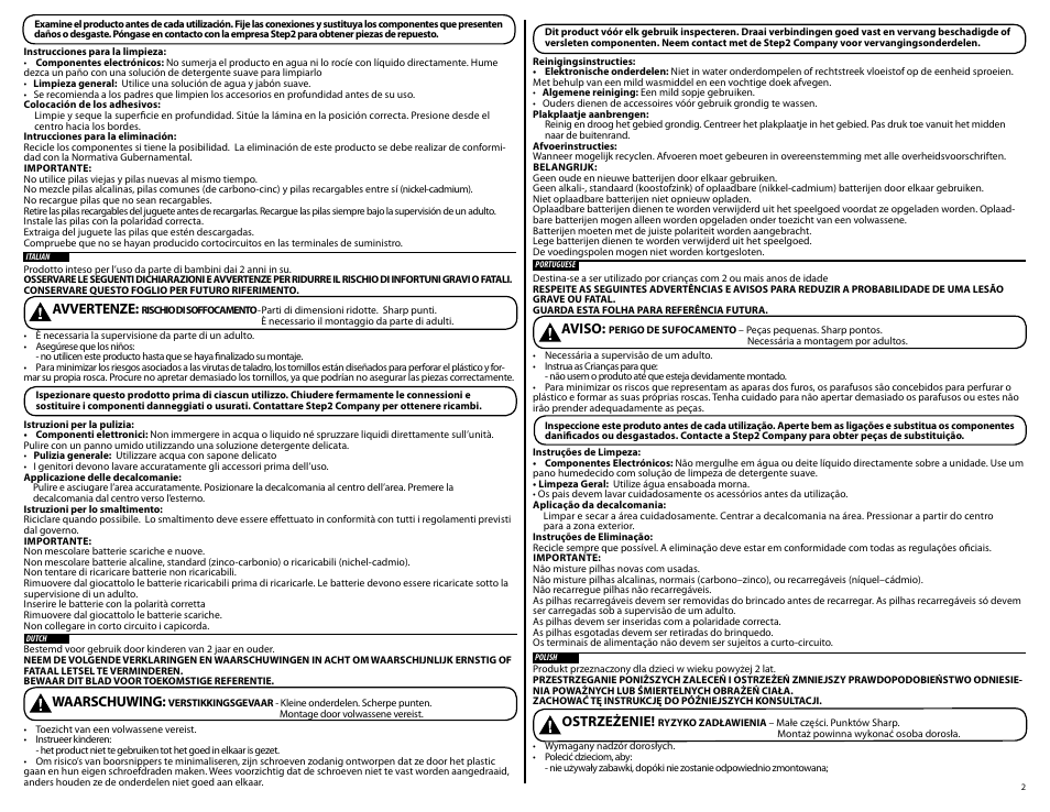 Avvertenze, Waarschuwing, Ostrzeżenie | Aviso | Step2 Heart of the Home Kitchen User Manual | Page 2 / 7
