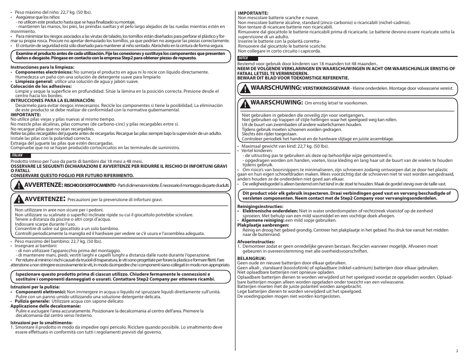 Avvertenze, Waarschuwing | Step2 Push Around Taxi User Manual | Page 2 / 7