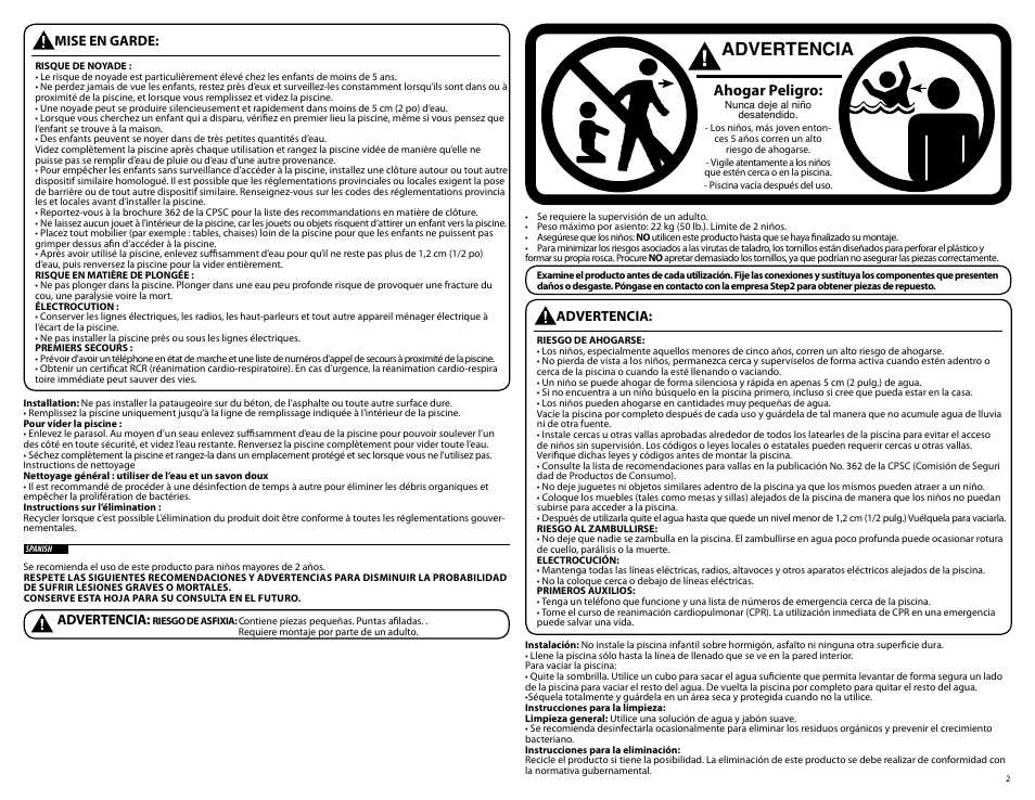 Ahogar peligro, Advertencia, Mise en garde | Step2 Play & Shade Pool User Manual | Page 2 / 6