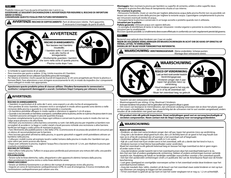 Waarschuwing, Avvertenze | Step2 Play & Shade Pool User Manual | Page 3 / 6