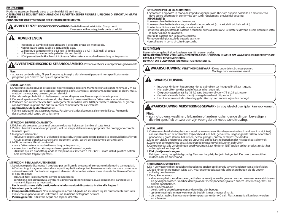 Waarschuwing, Advertencia, Avvertenze | Step2 Light-It-Up Junior Basketball Set User Manual | Page 3 / 9