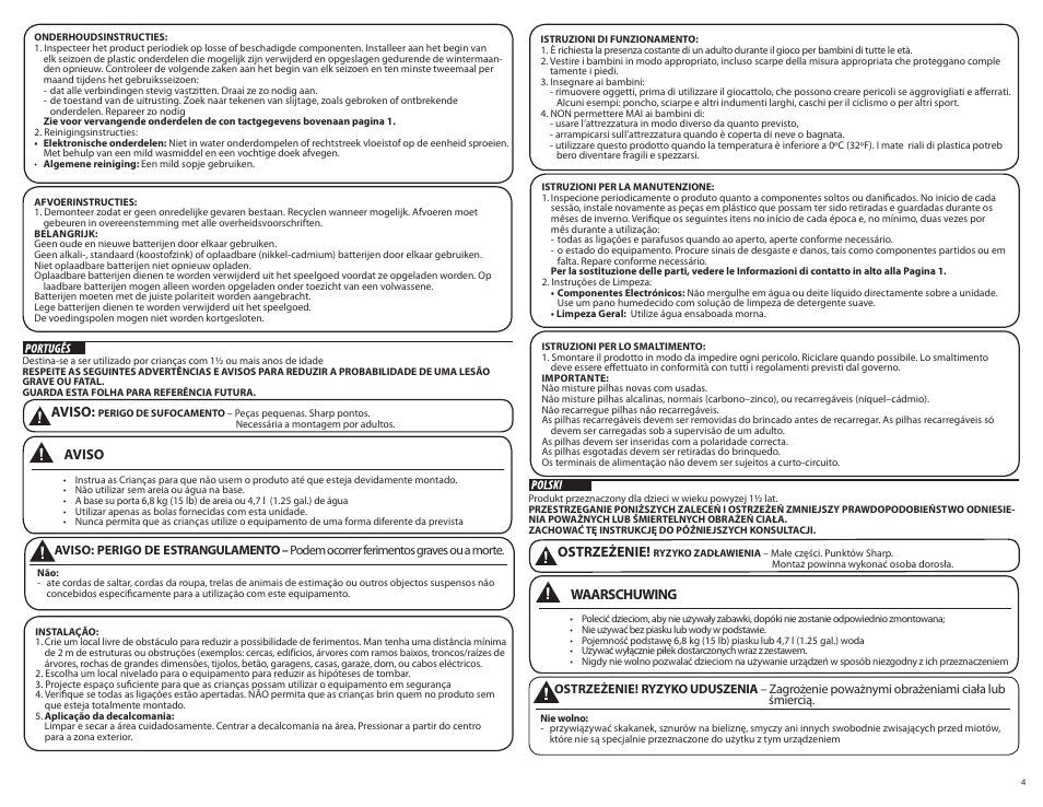 Waarschuwing, Ostrzeżenie, Aviso | Step2 Light-It-Up Junior Basketball Set User Manual | Page 4 / 9