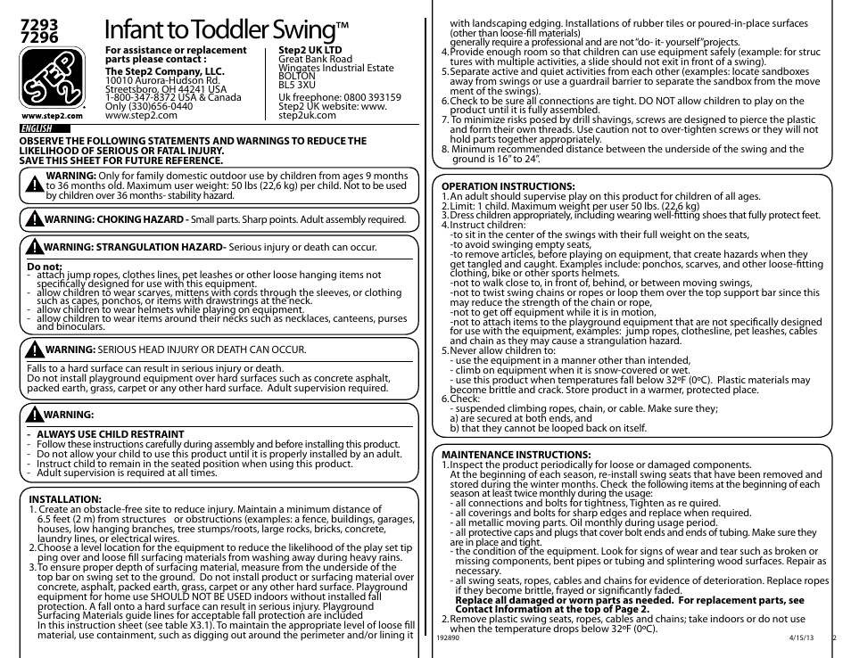 Infant to toddler swing | Step2 Infant to Toddler Swing User Manual | Page 2 / 17